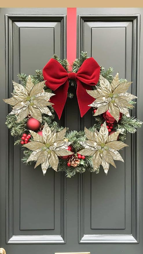 3 Pcs Artificial Christmas Flowers 13 Inch Glitter Poinsettia Picks Christmas Tree Ornaments Topper Decorations Champagne Poinsettias Flowers for Xmas New Year Wreath Garland Wedding Home Decor