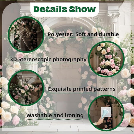 7x5ft White Pink Roses Backdrop Romantic Spring Floral Arch Vintage Palace Wall Background for Wedding Mothers Day Valentines Day Bridal Shower Birthday Princess Couples Women Portraits