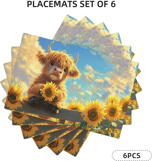 Cute Highland Cow Placemats Set of 6 Washable Table Mats Summer Yellow Sunflower Heat-Resistant Cotton Linen Place Mats for Dining Table Kitchen Indoor Outdoor Party Holiday Decor