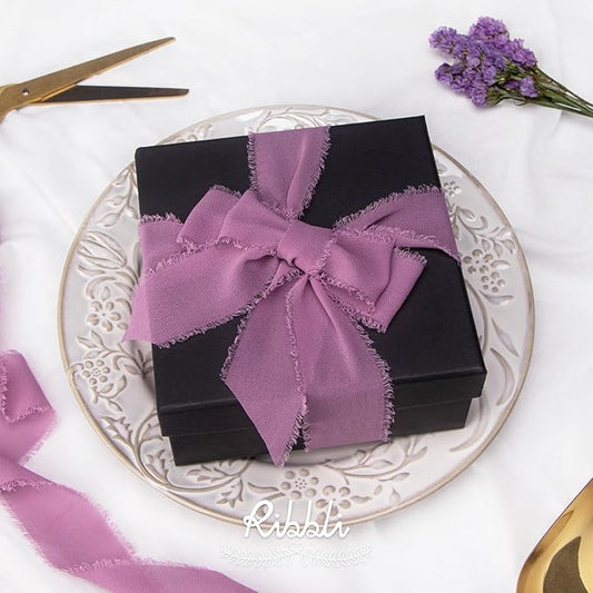 Ribbli Rosy Mauve Chiffon Ribbon 1-1/2 inch x 20 Yard Handmade Fringe Silk Ribbon, Dark Mauve for Wedding Invitations, Bridal Bouquets Wrapping, Flower Arrangement Decoration