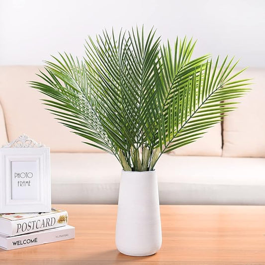 Artificial Palm Leaves Stem, Fake Tropical Palm Tree Leaf Plastic Greenery Plants Faux Areca Stems Jungle Boston Decoration for Indoor Outdoor Wedding Birthday Party Arrangement Table DIY Decor 12 Pcs