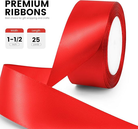 1-1/2" x 25 Yards Satin Ribbon, Red Silk Ribbon Ideal for Gift Wrapping, Floral Bouquets, Crafts, Wedding Party Decorations, Christmas and Sewing Projects