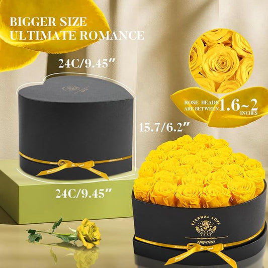 Preserved Rose in Heart Shape Box, 27 Forever Flowers, Eternal Roses, Birthday Gifts for Women, Her, Wife Mother's Day, Yellow