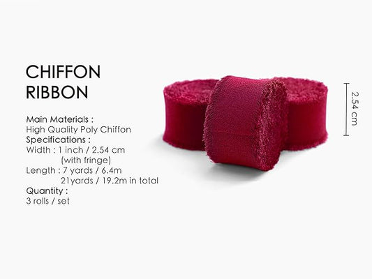 Vitalizart Burgundy Red Chiffon Silk Ribbon 1" x 21 Yd Fringe Fabric Package (3 Rolls * 7 Yd) for Wedding Invitations Bridal Bouquets Decorations Gifts Wrapping & Bow Making