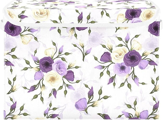 Flower Baskets Collapsible Storage Bins with Lids, Purple Green Rose Flower Storage Boxes Clothes Baskets for Organizing