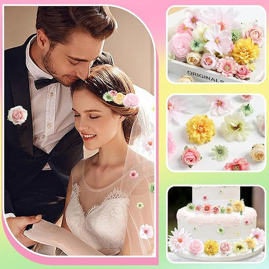 Fake Flowers Heads Bulk Pink Green Mini Artificial Silk Flower for Crafts, Small Artificial Daisy Roses Faux Flowers for Graduation Cap DIY Cake Wedding Party Home Garland Decoration