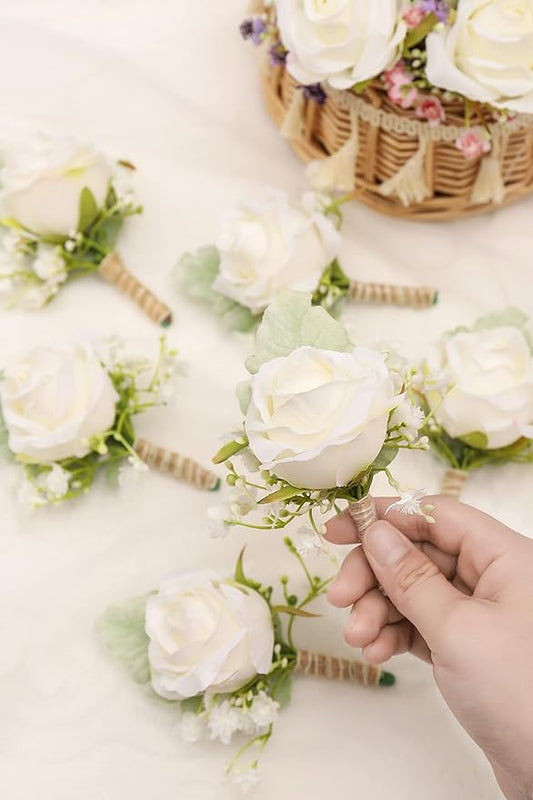 White Rose Boutonnieres for Men Wedding Ivory Baby's Breath Boutonniere for Best Men Groom Groomsmen Wedding Prom Homecoming Set of 6