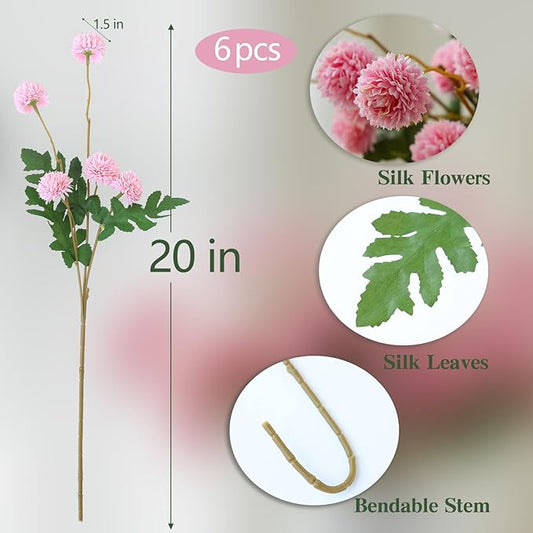 mizii 6Pcs Pink Fake Silk Pompon Mum Artificial Flowers Bulk Small Faux Chrysanthemums with Stems Realistic Floral Decorations for Wedding DIY Bouquet Centerpieces Shower Vase Home Decor (Pink)