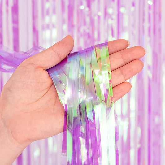 BRAVESHINE Iridescent Purple Foil Curtain - 2 Pack 3.2x6.5ft Holographic Party Streamers Tinsel Backdrop for Girl/Birthday/Valentine’s/Bachelorette/Engagement/Mermaid/Butterfly/Bridal Shower Decor