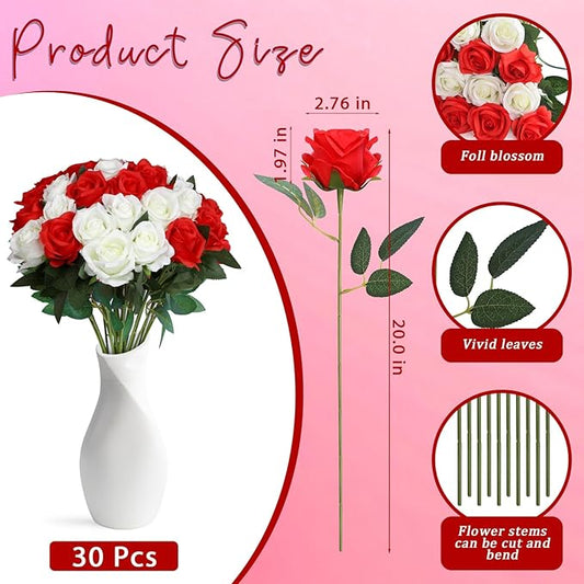 30pcs Fake Roses Artificial Silk Flowers Long Stems Bouquet for Wedding Bridal Shower Party Home Decoration (White + Red)
