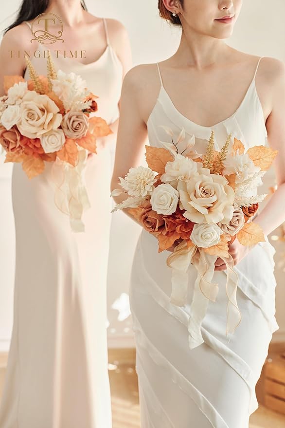 TINGE TIME 7inch Wedding Bouquets for Bridesmaid, Artificial Flowers Cascading Bridal Bouquet for Wedding (Burnt Orange & Champagne, Set of 4)