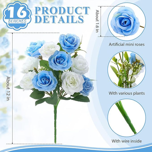Zeyune 16 Bunches 12 Inch Artificial Mini Rose Bouquet 160 Heads Bridal Flower Bouquets Fake Silk Rose Bulk for Wedding Bridal Shower Christmas Home Office Garden Decoration(White and Blue)