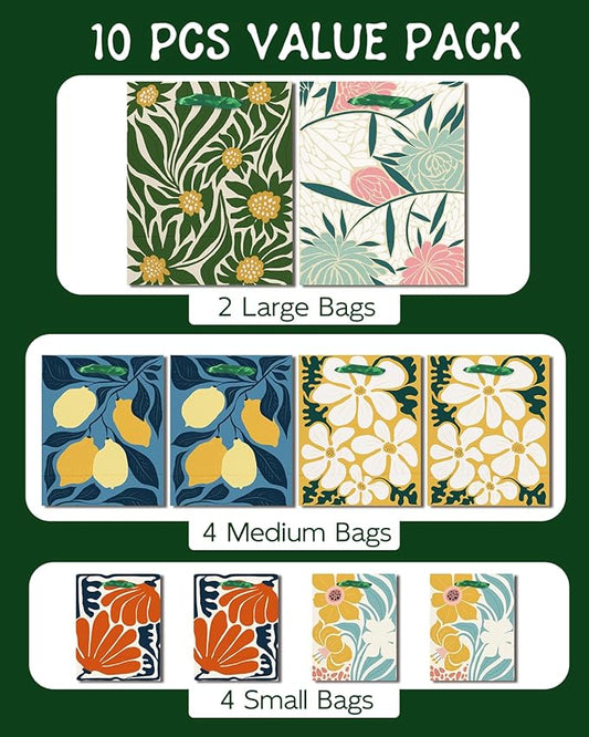 qiqee Clash Flowers Gift Bags with Tissue Paper Mulit Assorted Sizes 10PCS Present Party Favor Birthday Bags(2pcs Large 13", 4pcs Medium 9", 4pcs Small 6",30pcs Tissue Paper)