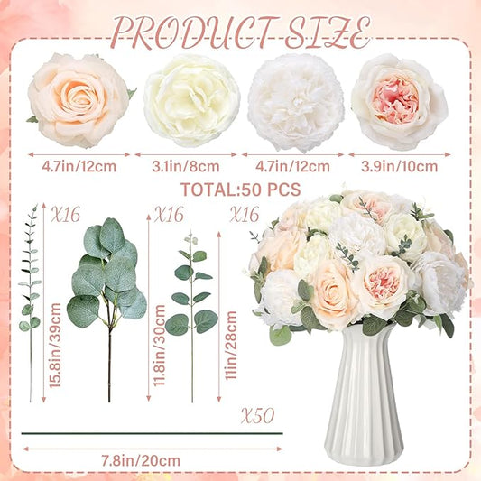 98 Pcs Assorted Faux Flowers Heads with Stem Eucalyptus Leaves Silk Artificial Flowers Bouquet Floral Table Centerpieces for DIY Wedding Party Wreath Home Decoration(Champagne,Stylish Style)