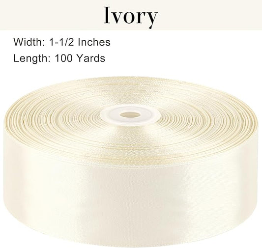 1-1/2 Inches 100 Yards Ivory Satin Ribbon, Solid Fabric Ribbon Roll for Flower Bouquets, Gift Wrapping, Wedding, Handmade Crafts