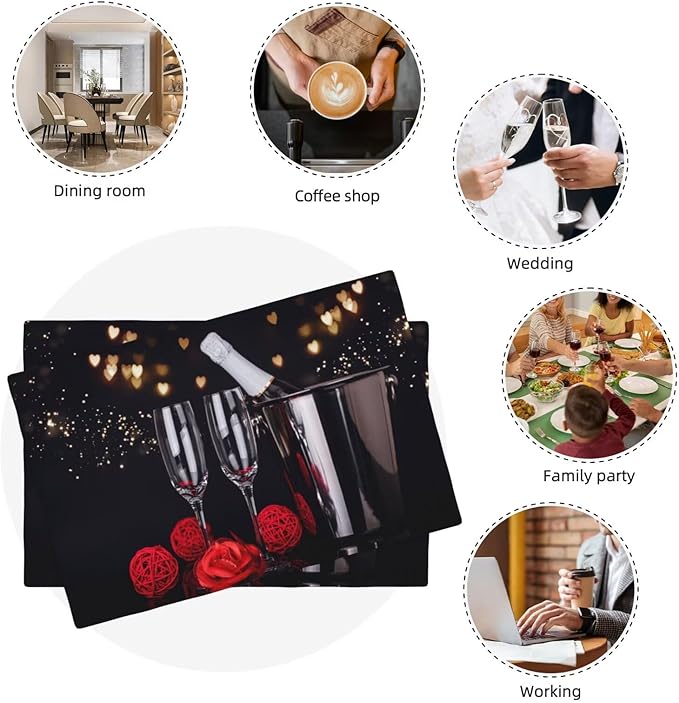 Red Rose Wine Linen Table Placemats Set of 6 Romantic Floral Modern Art Placemat Indoor Outdoor Party Home Desktop Kitchen Dining Room Decoration 12x18 Inch