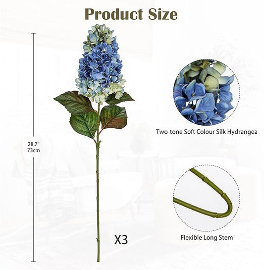 3PCS Fake Flowers Hydrangea Artificial Flowers 28" Long Stem Blue Faux Flowers for Vase, Real Touch Silk Flowers Décor for Floral Arrangement Home Farmhouse Office Hotel Decoration