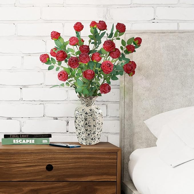 CHIAVE 8pcs 24 Flower Buds Artificial Vintage Roses Fake Silk Rose Flowers with Long Stem for DIY Bouquets Wedding Centerpiece Party Home Kitchen Shorp Decoration-Red