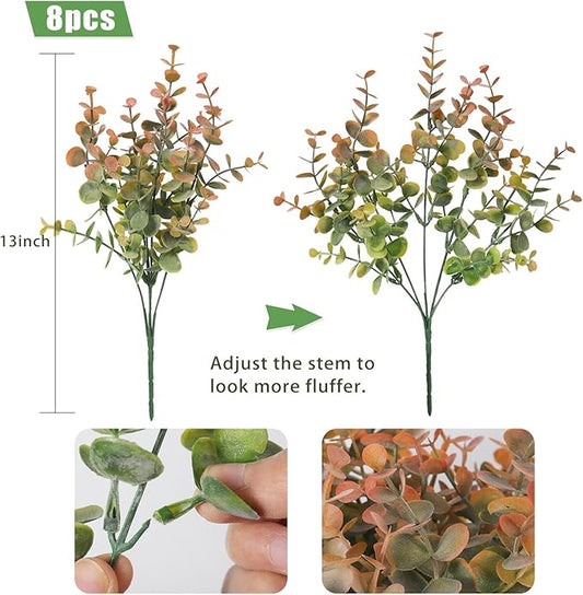 RECUTMS 8 Bundles Artificial Greenery Plants Stems Outdoor Fake Eucalyptus Plants Boxwood Bushes for Farmhouse Bathroom Office Vase Centerpiece Indoor Outdoor Decoration(Dusty Orange)