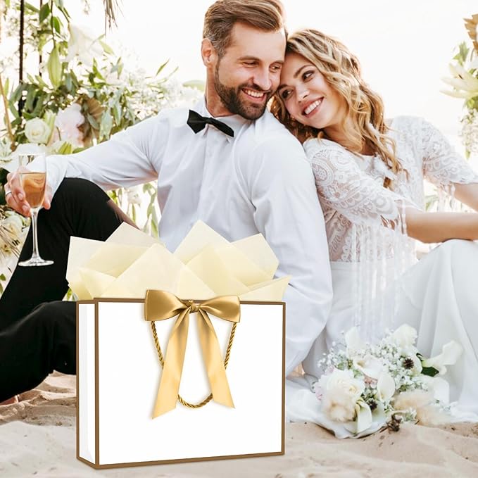 JMANNI Gift Bag, Medium Gift Bags with Tissue Paper, 2Pcs Gift Bags Medium Size with Handle and Bow Ribbon for Any Birthday, Weddings, Mothers Day & Special Occasion 11''x7.87''x4'' (Golden-White)