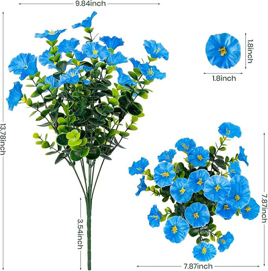 Artificial Faux Flowers for Outdoor 16 Bundles Boxwood Fake Morning Glory for Planter,UV Resistant Fake Flowers for Home Porch Patio Outside(Blue)