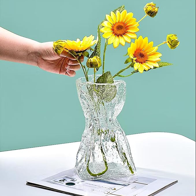 Handmade Luminous Glass Flower Vases,Irregular Shaped Flower Vase,Glass Cylinder Bud Vases,Transparent,7.3 Inches,1 Piece
