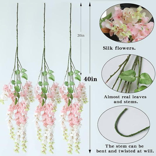 Dailisen 3 Strands 40'' Silk Blush Wisteria Artificial Flowers, Fake Wisteria Floral Hanging Plant Garland, for Home Decor, Party, Floor Vase, Balcony, Wedding Arrangement Decoration (Blush)