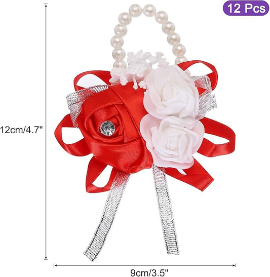 MECCANIXITY 12Pcs Wrist Corsage Artificial Flower Bracelets Rose Wrist Bride Groom Decorative for Wedding Ceremony Prom Party Anniversary Red