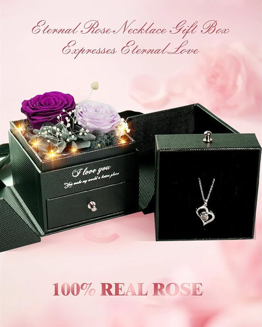 Birthday Gifts for Women, Preserved Real Roses with Heart Necklace I Love You in 100 Languages, Anniversary Wedding Gifts for Women Her Girlfriend Wife, 2 Forever Roses Necklace Gift Box Purple
