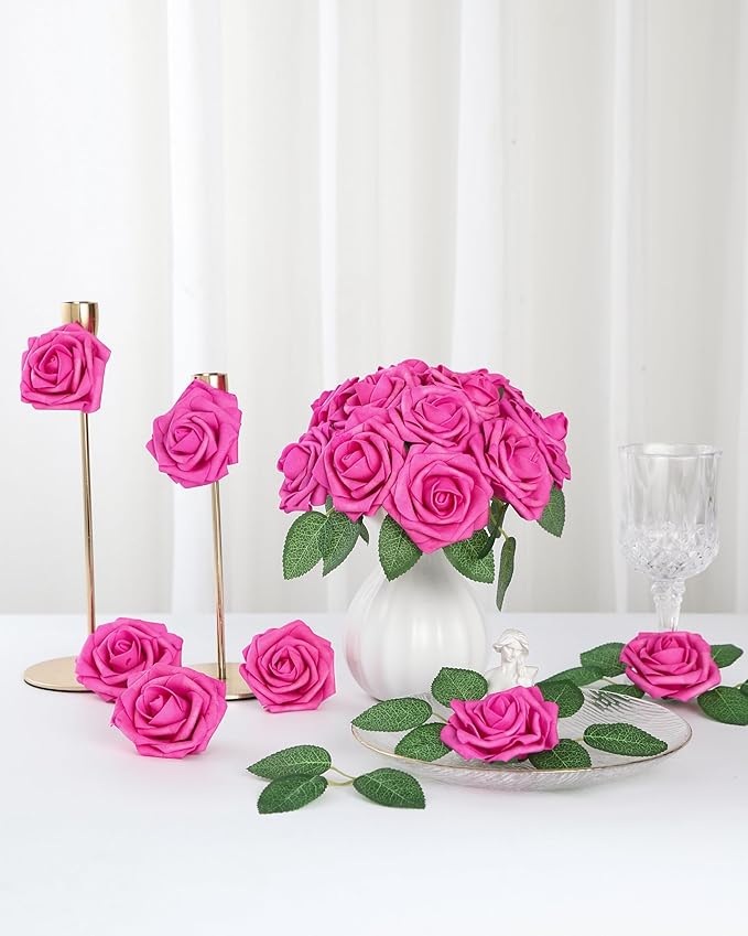 DuHouse 50Pcs Artificial Roses Flowers Fake Roses with Stems Real Touch Foam Flowers for DIY Wedding Bouquet Baby Shower Centerpiece Floral Arrangement Party Home Decor(Hot Pink)