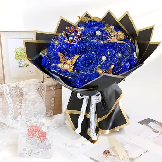 Blue Glitter Roses Bouquet, 36 Pcs Shiny Glitter Flowers Bouquet, Everlasting DIY Artificial Roses Bouquet for Christmas, Birthday, Anniversary, Wedding, Engagement