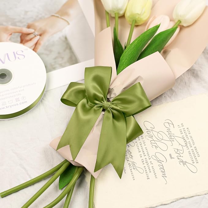 Moss Green Satin Ribbon, Double Faced 1-1/2 Inch X 50 Yards Moss Green Ribbon, Premium Satin Ribbon for Gift Wrapping, Crafts, Hair Bow Making, Sewing, Flower Bouquet, Wedding Party Decor