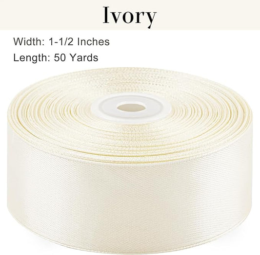 1-1/2 Inches 50 Yards Ivory Satin Ribbon, Solid Fabric Ribbon Roll for Flower Bouquets, Gift Wrapping, Wedding, Handmade Crafts