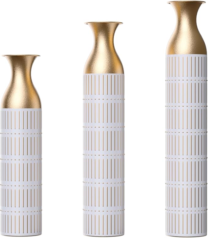 Tall Floor Vase Set of 3 - Large Vintage Modern Oversized Metal Vases for Decor Living Room, Gold Decorative for Corner Hallway