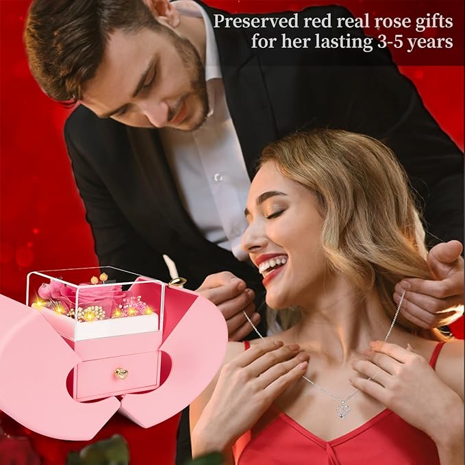 Gifts for Mom from Daughter and Son, Unique Mother Birthday Gift Idea, Preserved Pink Real Roses with I Love You in 100 Languages Mom Necklace, Cool Present to Mother Mama-Pink