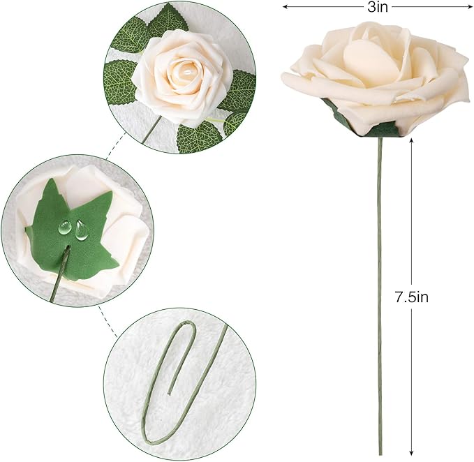 AmyHomie Artificial Flowers Champagne Rose 50pcs Real Looking Fake Roses w/Stem for DIY Wedding Bouquets Centerpieces Arrangements Party Baby Shower Valentines Day Christmas Tree Decorations