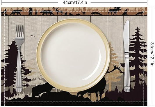 Farmhouse Forest Cabin Placemats Country Deer Bear Art Printed Dining Table Mats Set of 4 for Home Kitchen Holiday Picnic Party Decor 12x18in