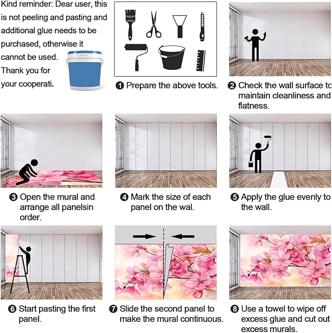 Watercolor Cherry Blossom Wall Mural, Japanese Cherry Blossom 3D Wall Murals, Simple Elegant Flowers Wallpaper Mural, for Living Room Bedroom Large Wallpaper Indoor Decor 177.16" W x120 H