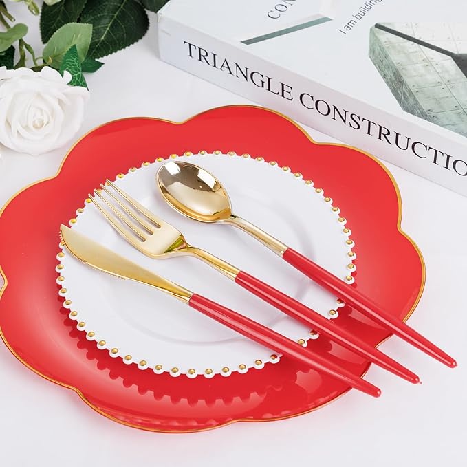 Supernal 102PCS Red Plastic Silverware, Gold Plastic Utensils with Red Handle, Gold Disposable Utensils Heavy Duty Includes 34 Forks, 34 Spoons and 34 Knives prefect for party, wedding & Mother's day