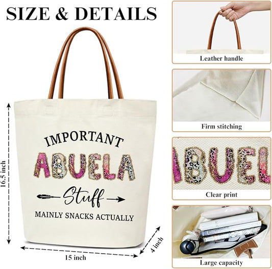 Canvas Tote Bag for Women, Important Stuff Bag with Leather Handle, Reusable Grocery Bags for Shopping Beach Travel