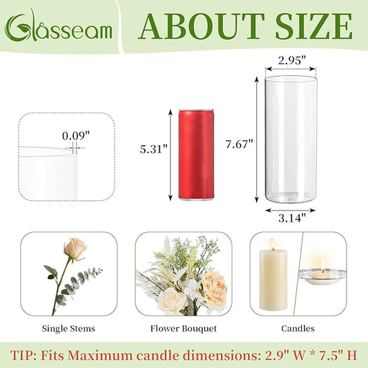 Glasseam Clear Cylinder Vase Set of 6, Modern Glass Vases for Centerpieces, Floating Candle Vases for Decor, Decorative Hurricane Candle Holders for Pillar Candles Wedding Table Decorations, 8in