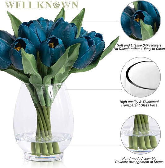 WELL KNOWN 12 Pcs Fake Tulips Artificial Flowers in Vase with Faux Water, Foam Tulip Flower Arrangement with Vase for Home Office Decor, Dining Table Wedding Centerpiece & Mom's Gift (Peacock Blue)