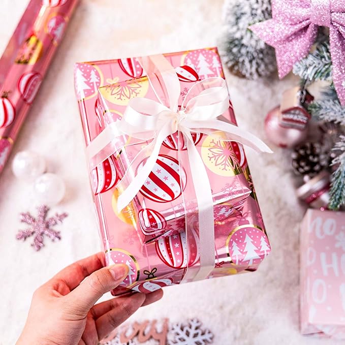 MAYPLUSS Christmas Wrapping Paper Roll - 17 Inch X 33 Feet - Pink Christmas Bell Tree Snowflake Star Reversible HO Gift Wrapping Paper, Thick Wrap Paper for Holiday Party New Year Kids