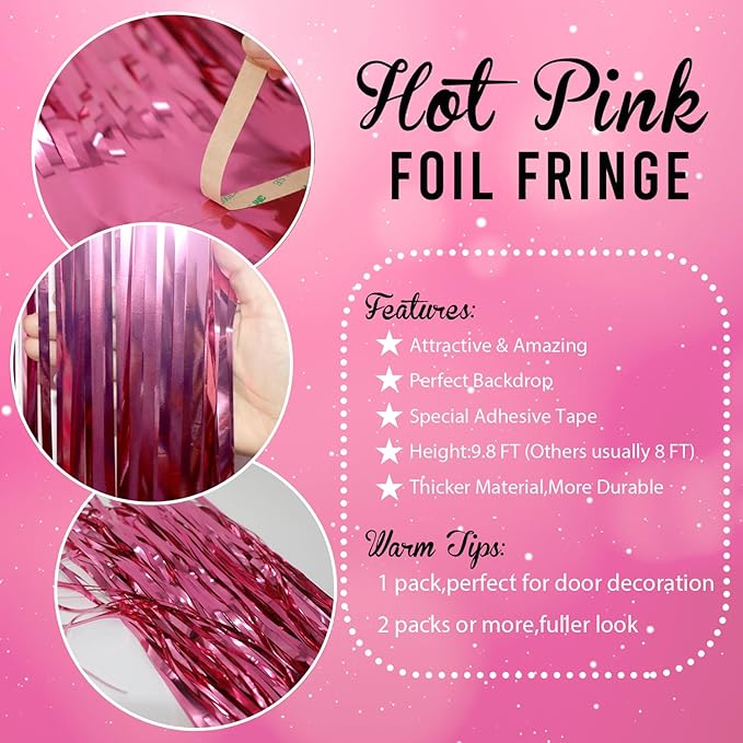 GOER 3.2 ft x 8.2 ft Metallic Tinsel Foil Fringe Curtains Party Photo Backdrop Party Streamers for Galentines Day,Birthday,Graduation,New Year Eve Decorations Wedding Decor (4 Packs,Hot Pink)
