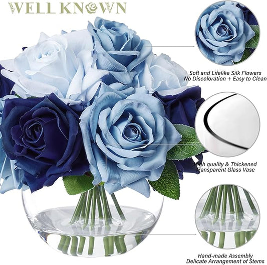 WELL KNOWN Silk Rose Artificial Flowers with Vase Artificial Rose Flower Arrangements in Round Bowl Vase with Faux Water for Home Table Decoration (Bicolor Blue)
