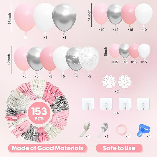 Amandir 153pcs Pink Silver Balloon Arch Garland Kit, Different Sizes 18 12 10 5 inch Pink White Latex Metallic Confetti Snowflake Balloons for Winter Wonderland Princess Baby Shower Party Decorations