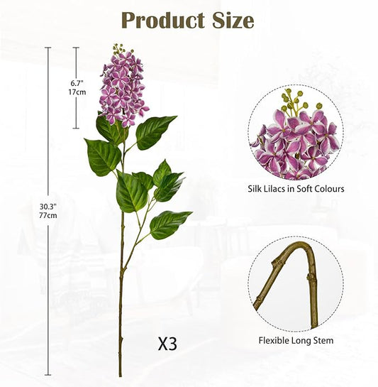 Artificial Lilac Flowers 30" Tall – Set of 3 Silk Lilac Flower Stems for Home Decor, Wedding Centerpieces, Faux Floral Arrangements – Purple Artificial Flowers for Vase, Spring & Farmhouse Décor