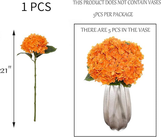 Kimura's Cabin 5Pcs 21inch Real Touch Artificial Hydrangea Flowers Realistic Latex Hydrangeas Long Stem with Leaves Hydrangea Bouquet for Home Wedding Baby Shower Birthday Party Decoration(Orange)