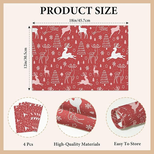 Elk Red Christmas Placemats Set of 4, Dining Mat Cotton Linen Waterproof Table Mats Decor Fabric for Christmas Holiday Kitchen Dinner Table, Washable Wipeable Placemat -N041