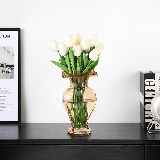Large Glass Vase, Amber Vase for Flowers, Flower Vases for Bouquet, Glass Flower Vases for Living Room, Dining Table, Shelf, Wedding, Office, Coffee Table, 9.5 Inches